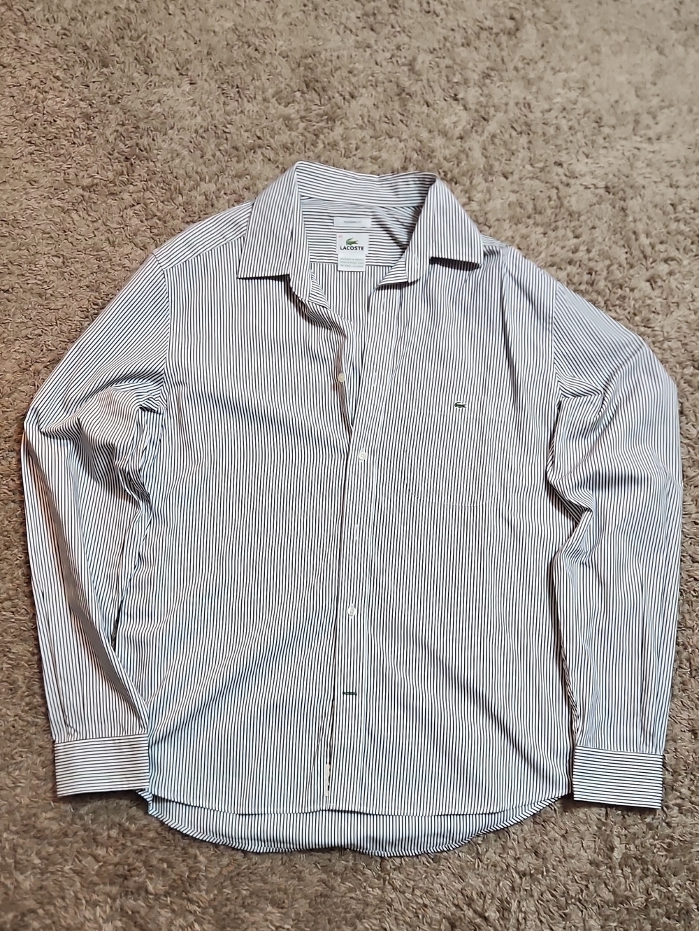 Lacoste Blue and White Vertical-Stripe Dress Shirt